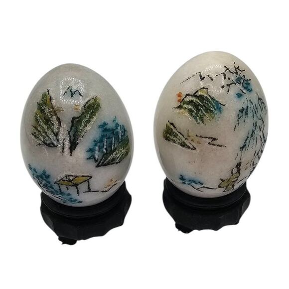 Vintage Chinese Hand-Carved Etched Painted Marble Eggs Monk Stand set of two - Picture 1 of 7